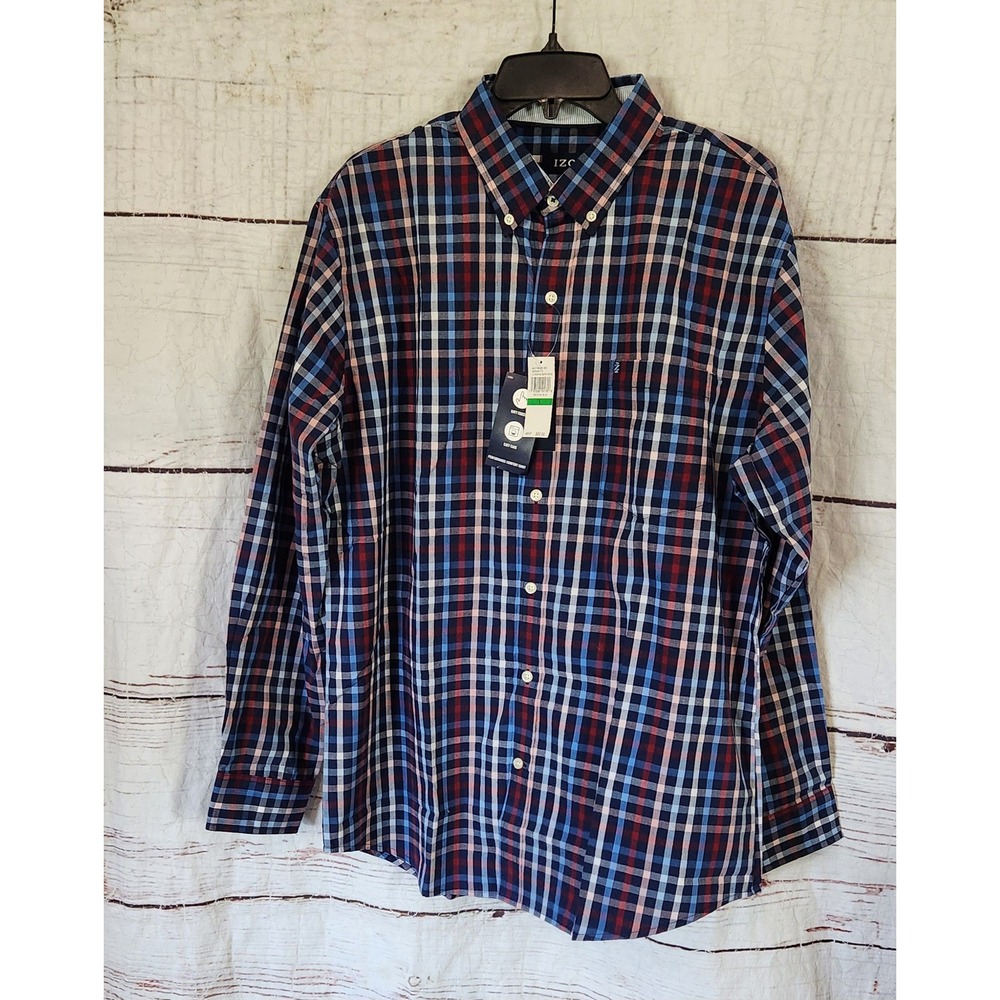 IZOD Performance Comfort Plaid Long-Sleeve Button Front Shirt Size Large NWT